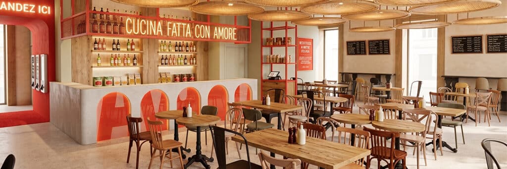 Restaurant intérieur avec tables et bar